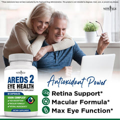 NEW AGE AREDS 2 eye vitamin pour shot showing easy-to-swallow capsules.