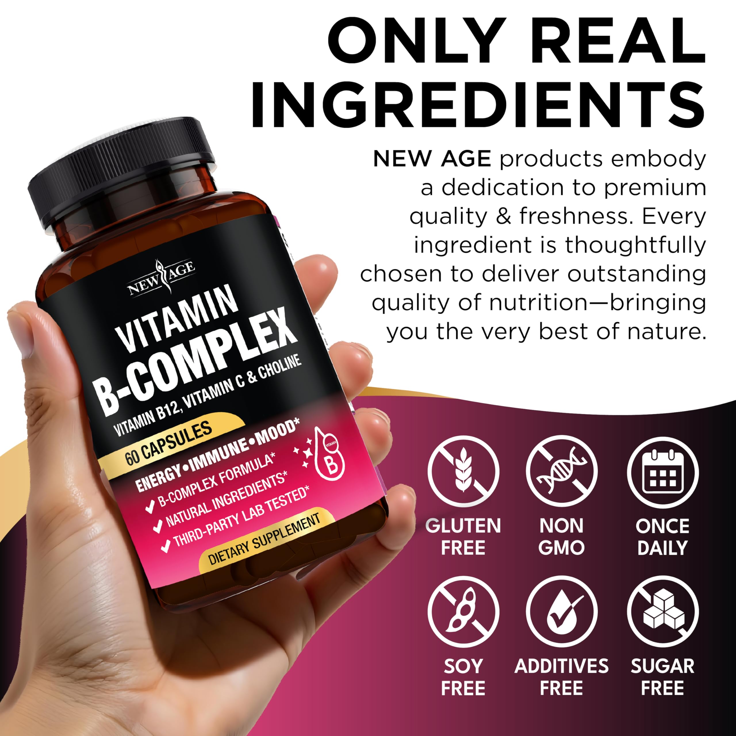 NEW AGE B Complex ingredients chart highlights vitamins and co-nutrients