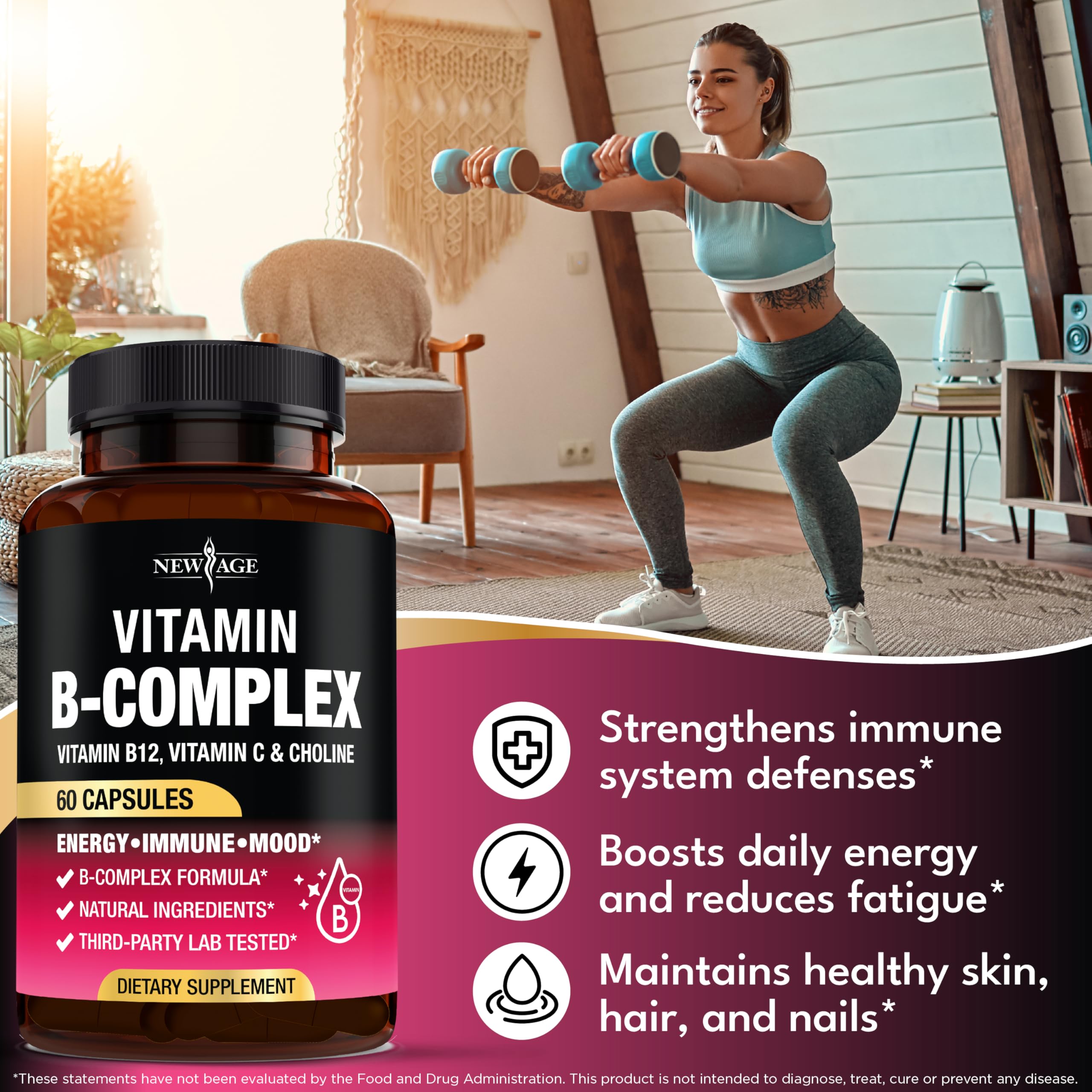 NEW AGE B Complex vegan capsules arranged, suitable for vegan lifestyles