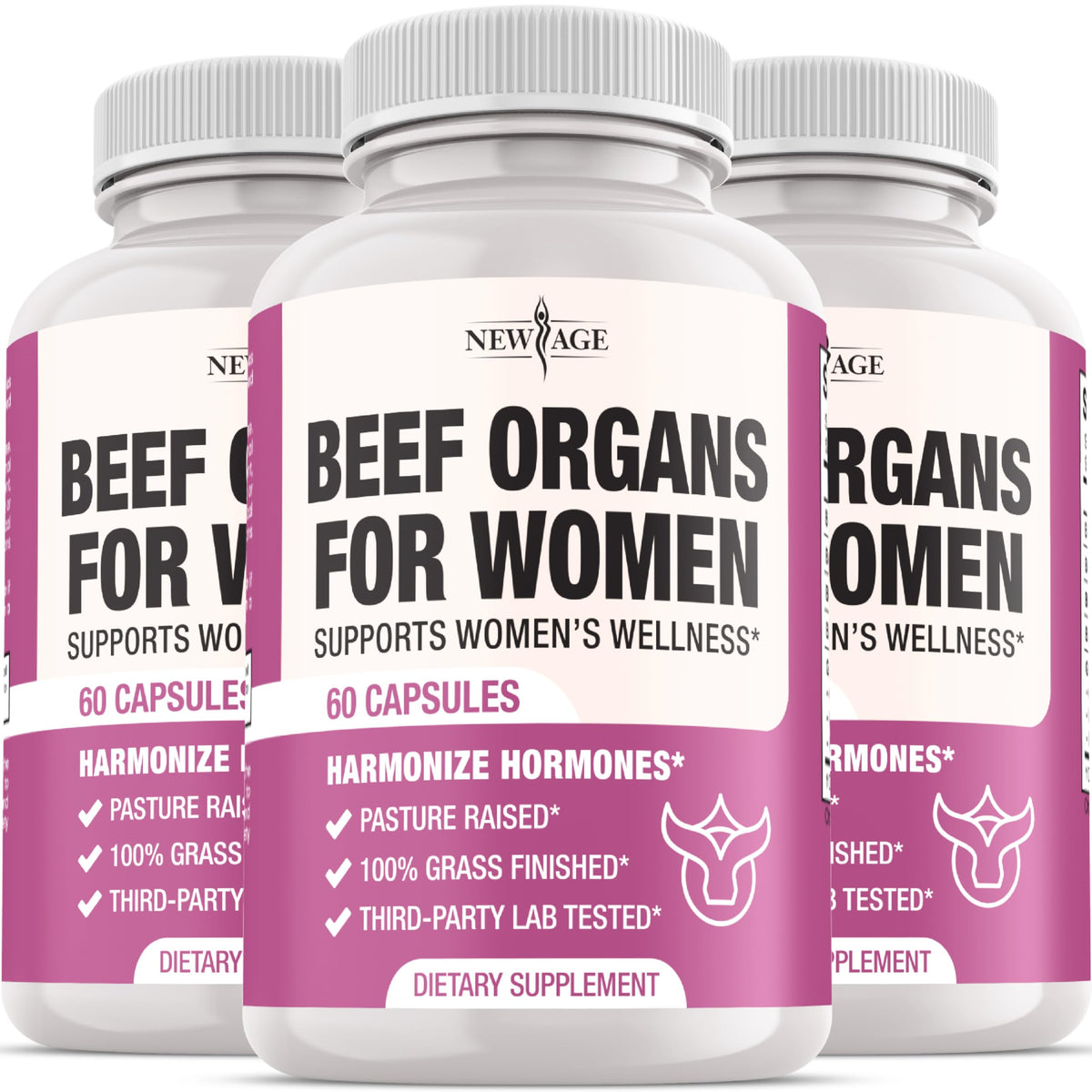 NEW AGE Beef Organ Supplement for Women bottle shows pasture-raised ingredients for daily vitality.