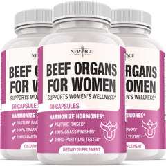 NEW AGE Beef Organ Supplement for Women bottle shows pasture-raised ingredients for daily vitality.