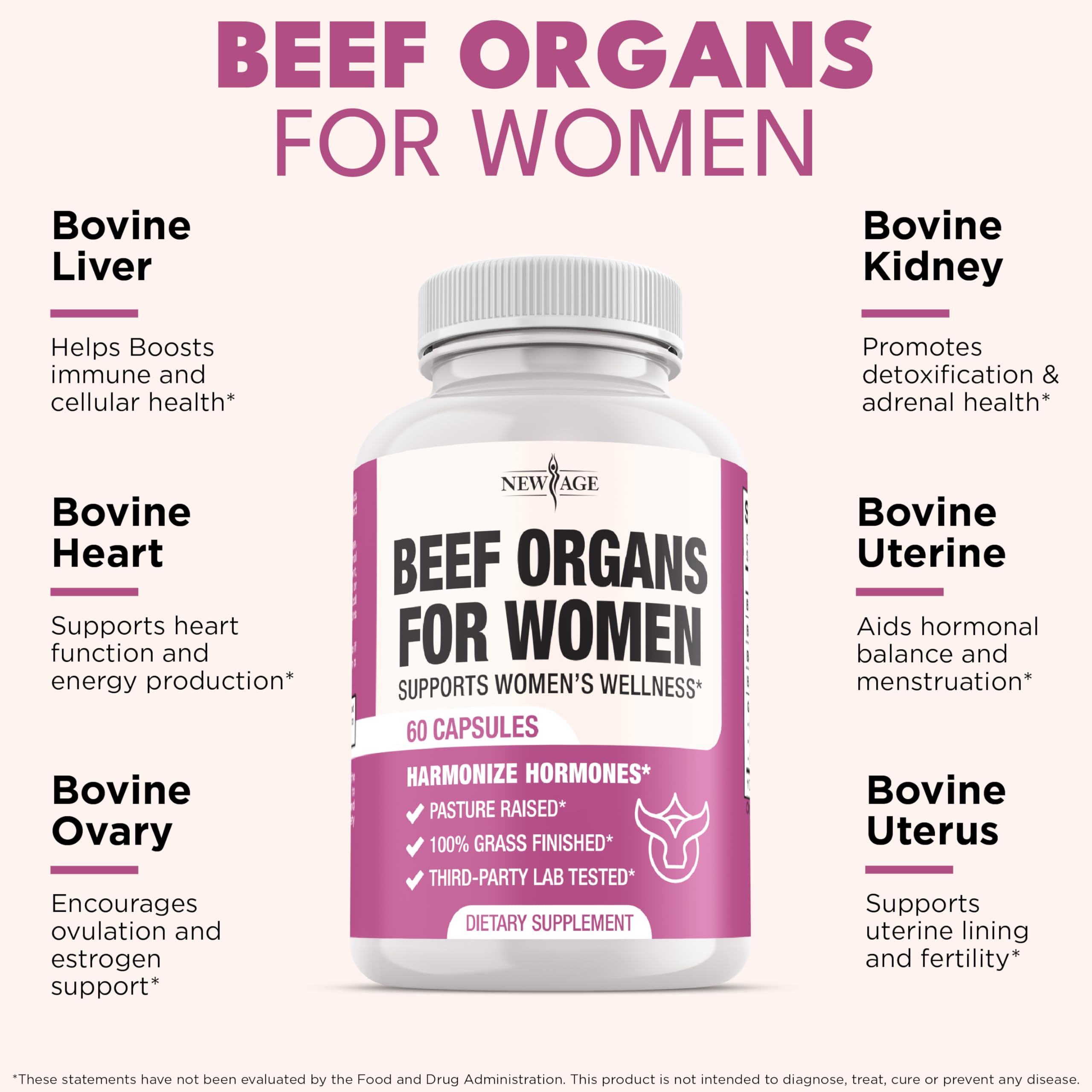 NEW AGE capsules highlight nutrients from grass-fed beef organs for balanced daily nutrition.
