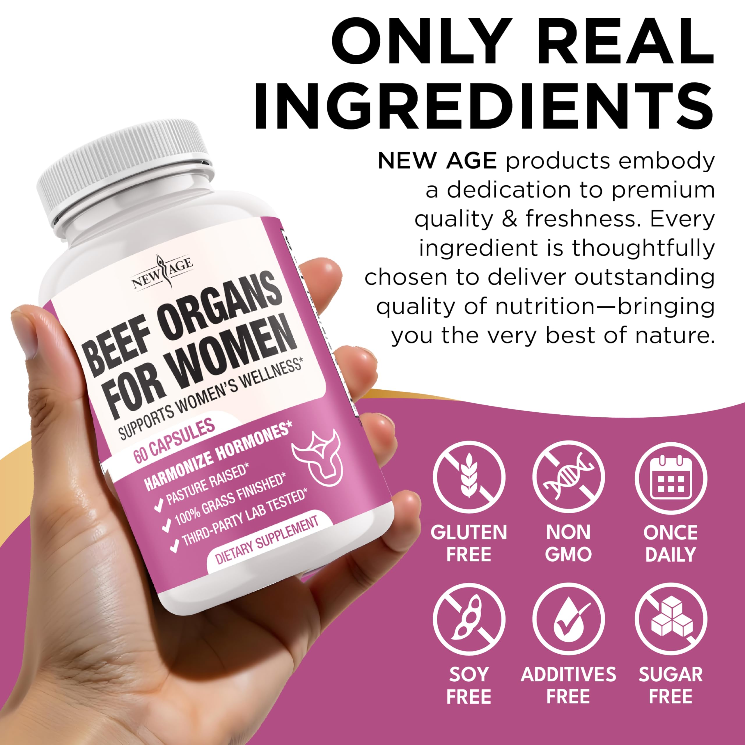 NEW AGE measuring scoop beside bottle provides clear dosage guidance.