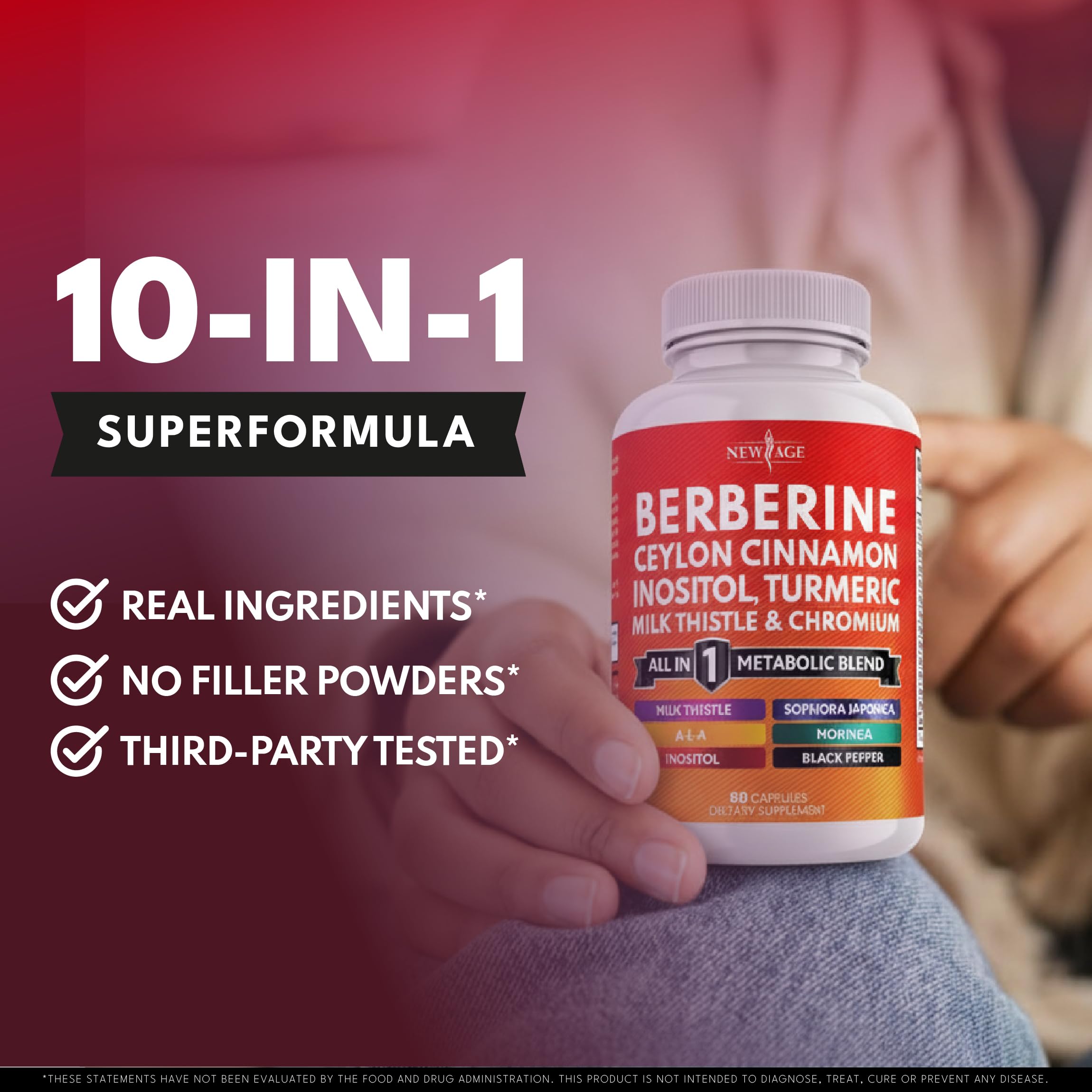 NEW AGE berberine-cinnamon bottle in hand for everyday routine