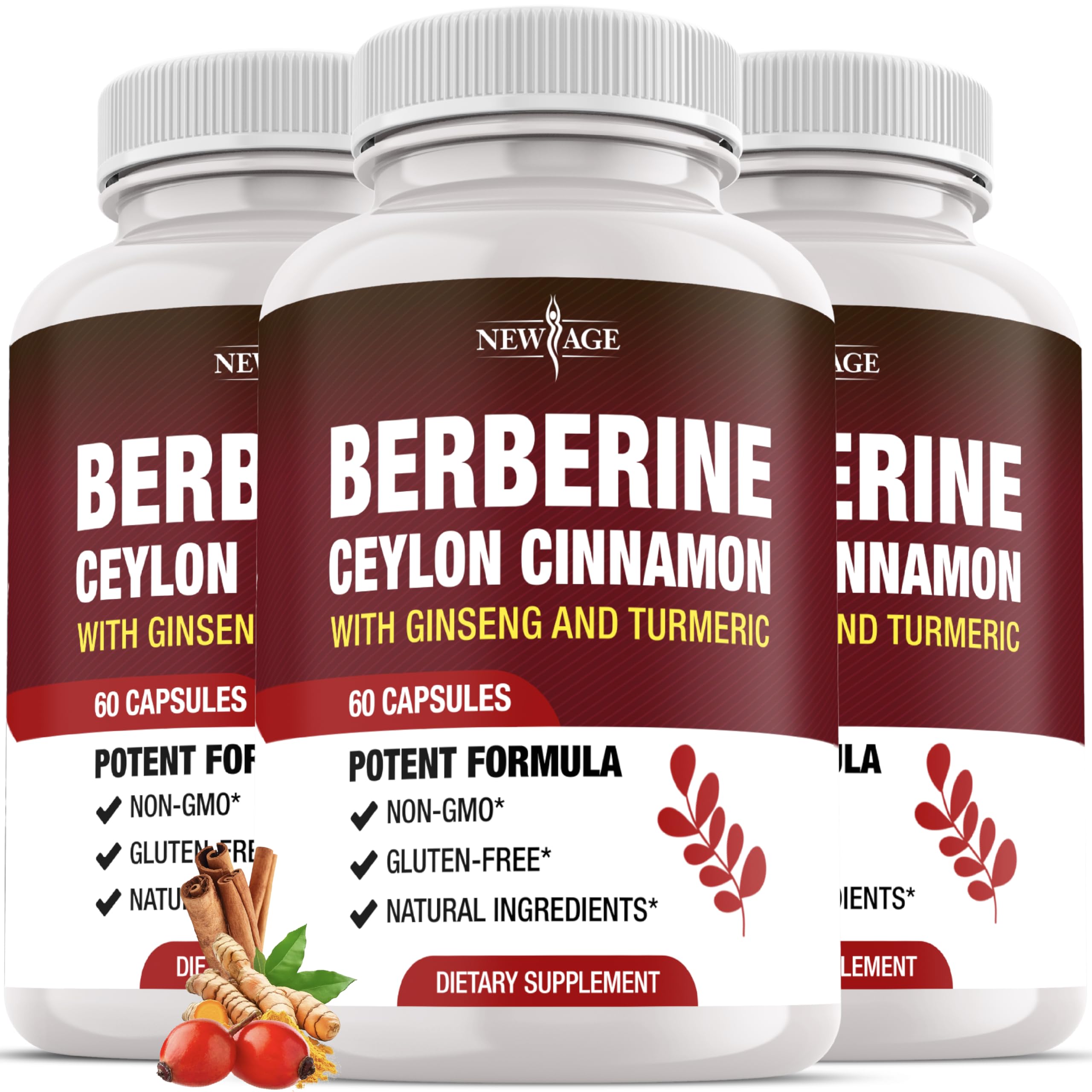 NEW AGE Berberine HCL Plus Cinnamon capsules in bottle for daily balance.
