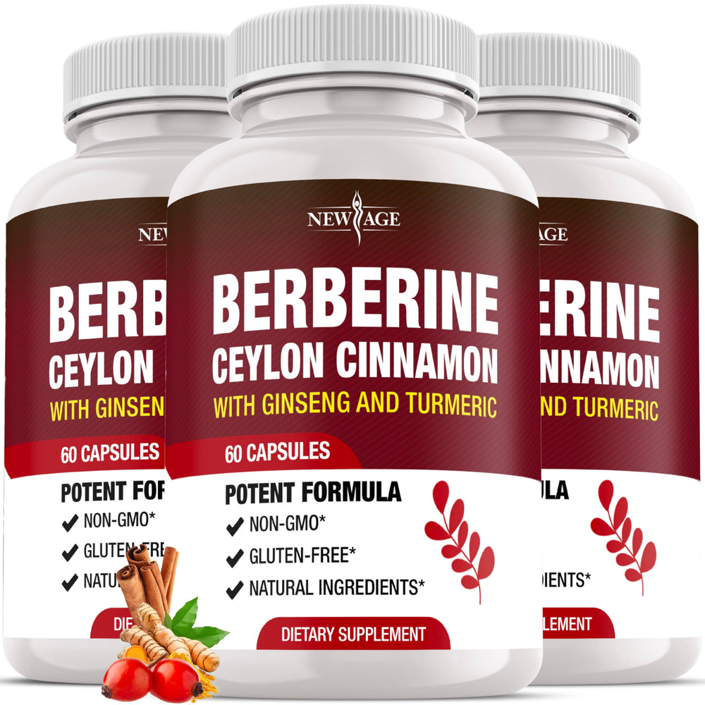 NEW AGE Berberine HCL Plus Cinnamon capsules in bottle for daily balance.