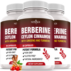 NEW AGE Berberine HCL Plus Cinnamon capsules in bottle for daily balance.