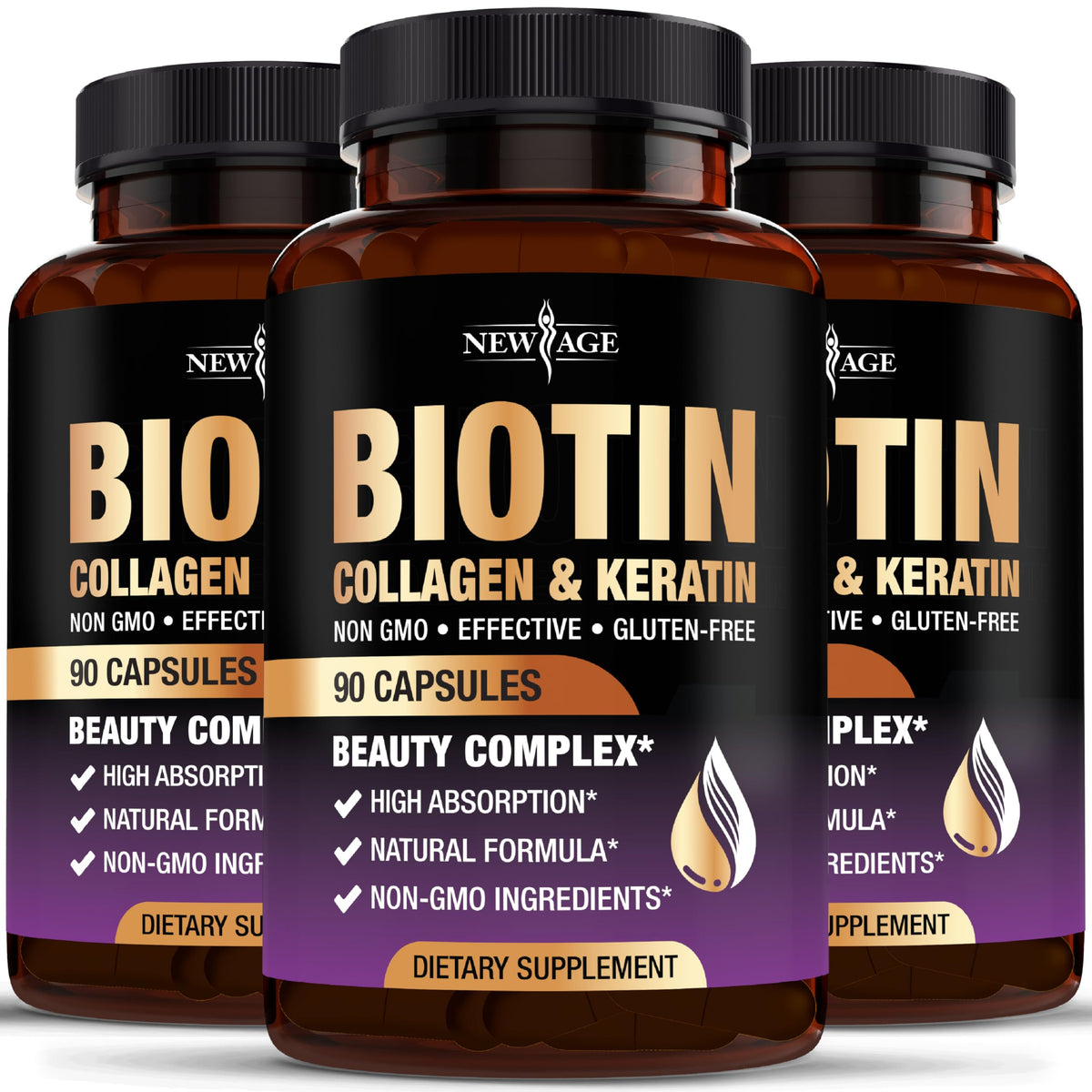 NEW AGE biotin-collagen-keratin-hyaluronic-acid bottle for daily hair and skin support.
