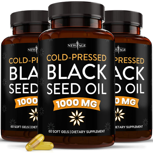 NEW AGE black seed oil softgel bottle highlighting premium cold-pressed oil for joints and skin