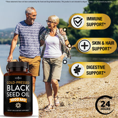 NEW AGE black seed oil softgels on a shelf with natural light for daily use.