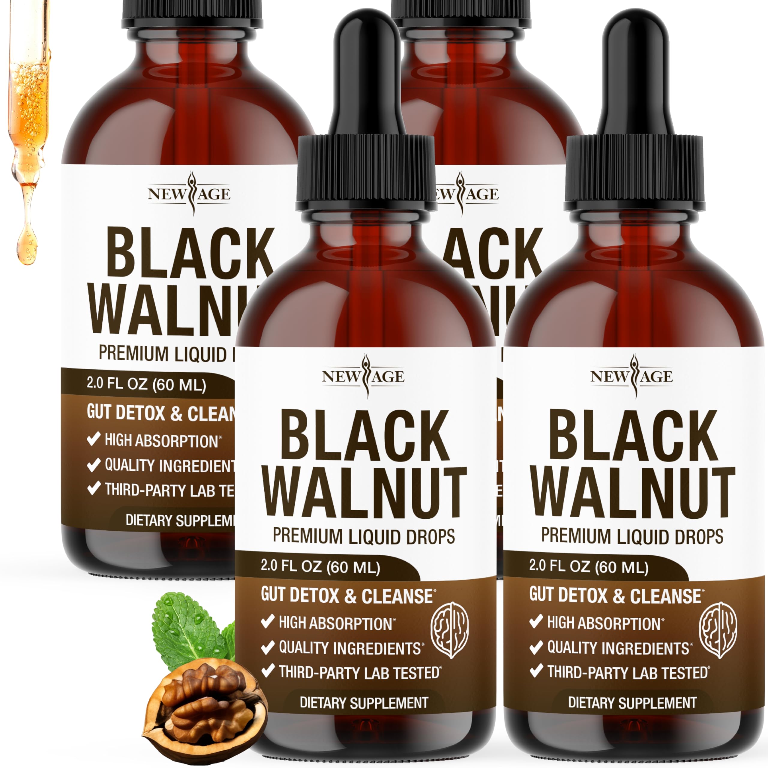 NEW AGE Black Walnut Liquid Drops bottle shows a clean vegan formula for daily wellness