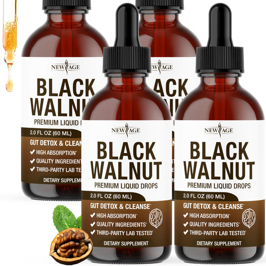 NEW AGE Black Walnut Liquid Drops bottle shows a clean vegan formula for daily wellness