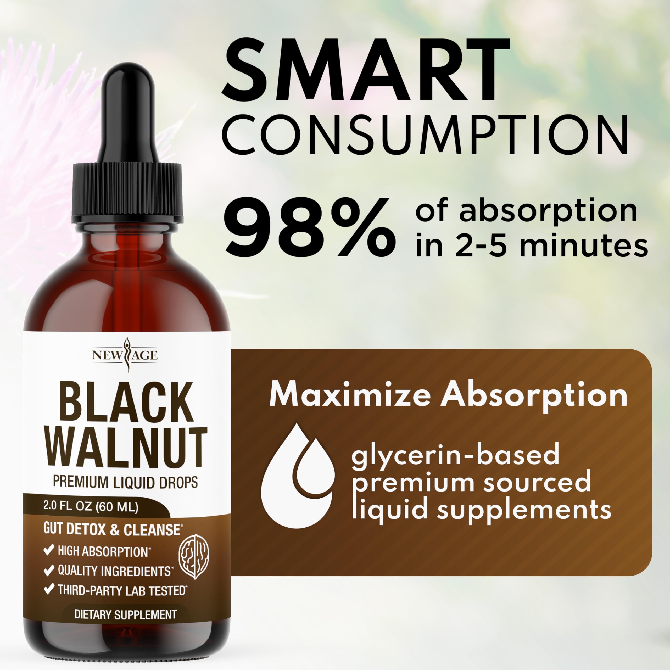 NEW AGE Black Walnut Liquid Drops glass bottle highlights purity and trust