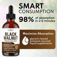 NEW AGE Black Walnut Liquid Drops glass bottle highlights purity and trust