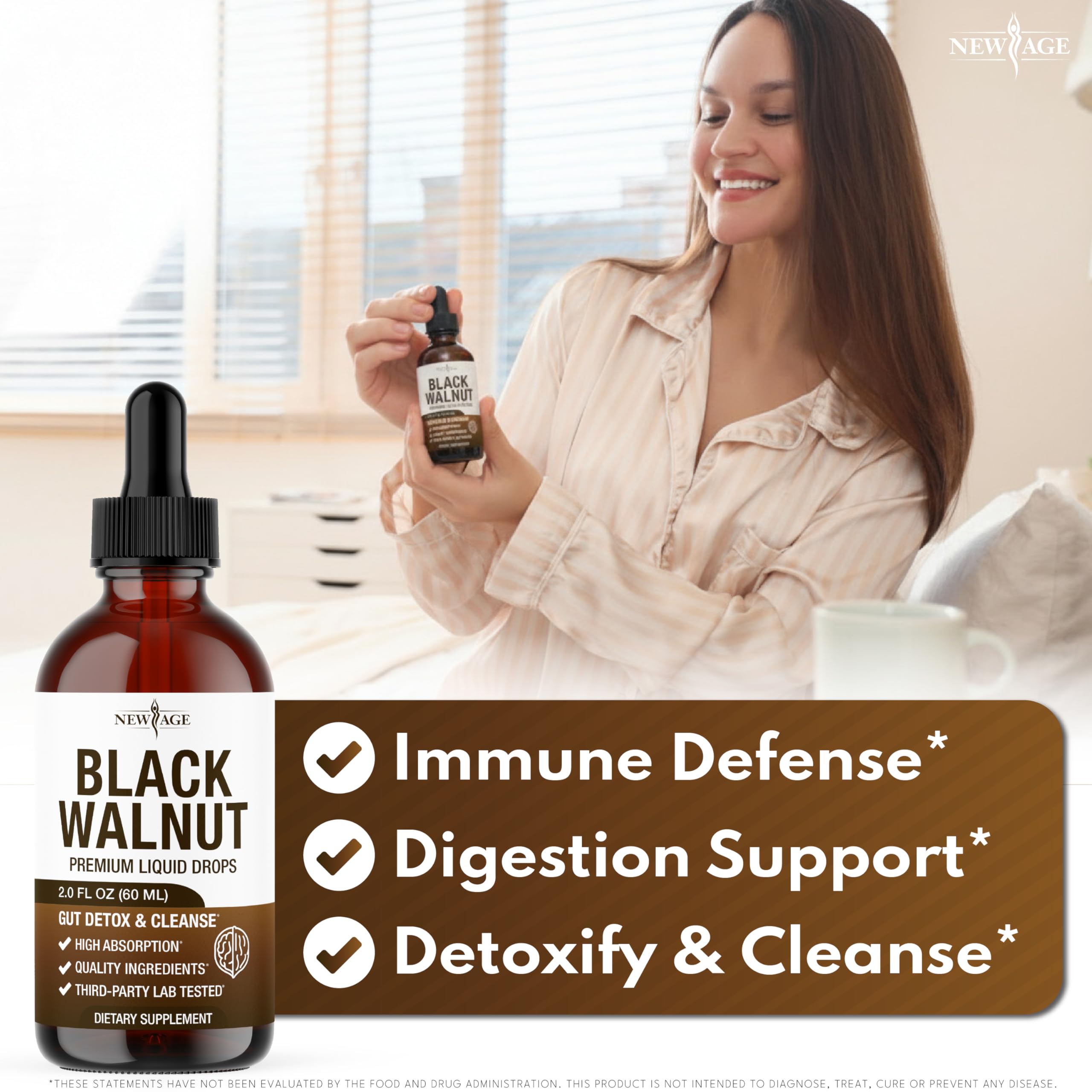 NEW AGE Black Walnut Liquid Drops label confirms vegan non-GMO gluten-free quality