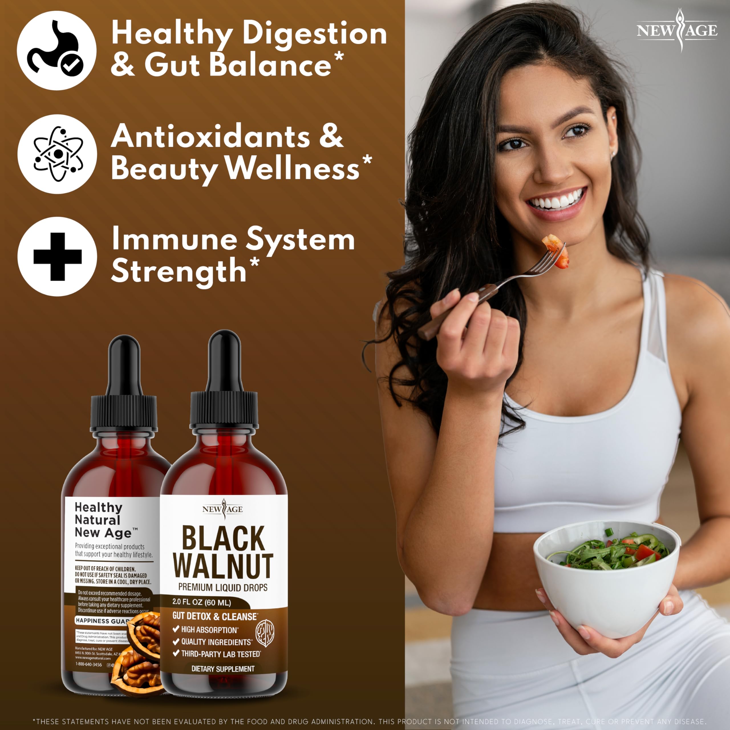NEW AGE Black Walnut Liquid Drops pour demonstrates easy, alcohol-free usage