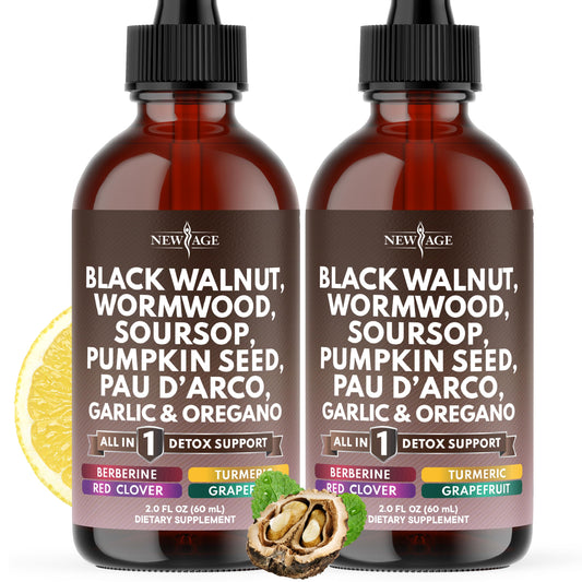 NEW AGE Black Walnut Wormwood Cleanse Drops bottle may support gut balance.