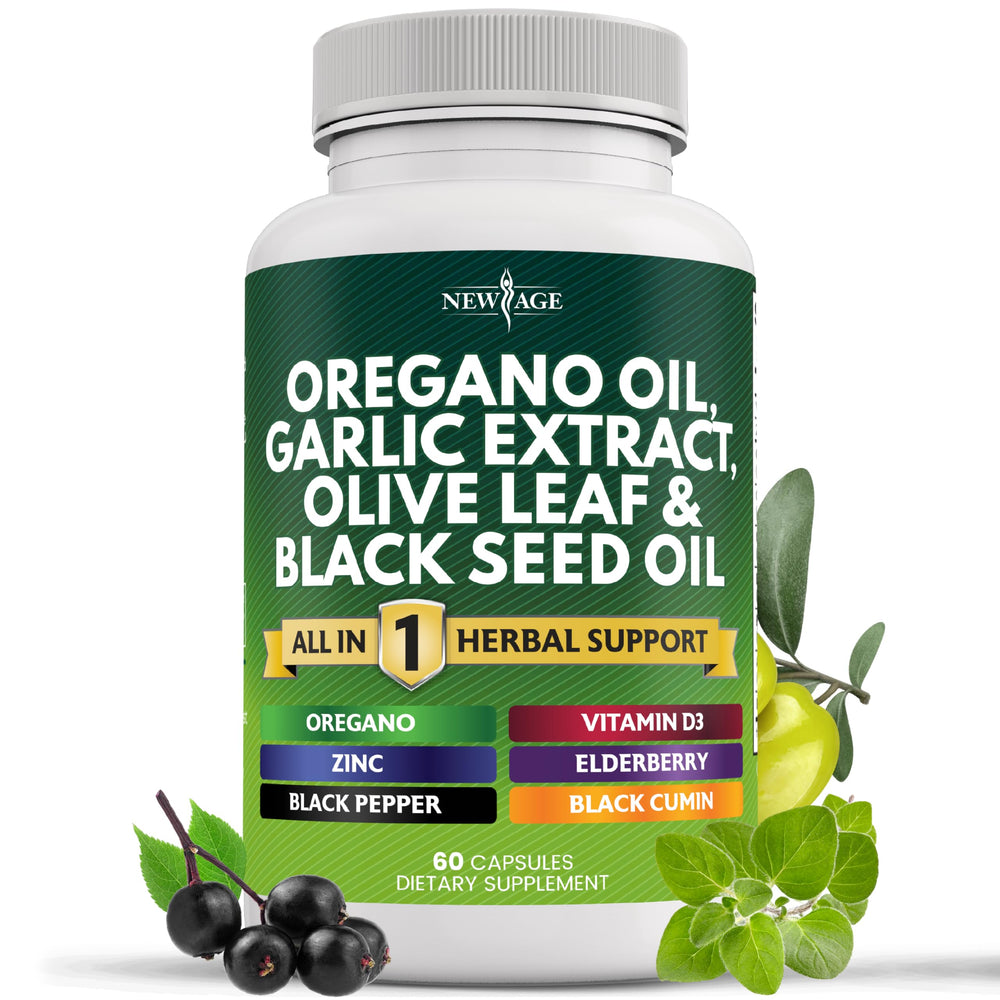 NEW AGE bottle pours oregano oil garlic extract for daily wellness routines