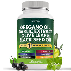 NEW AGE bottle pours oregano oil garlic extract for daily wellness routines