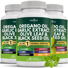 NEW AGE oregano oil garlic extract bottle pour supports daily wellness routine