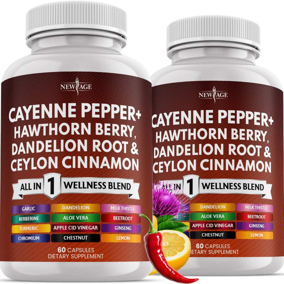 NEW AGE Cayenne Pepper Capsules bottle on counter suggesting daily wellness support.