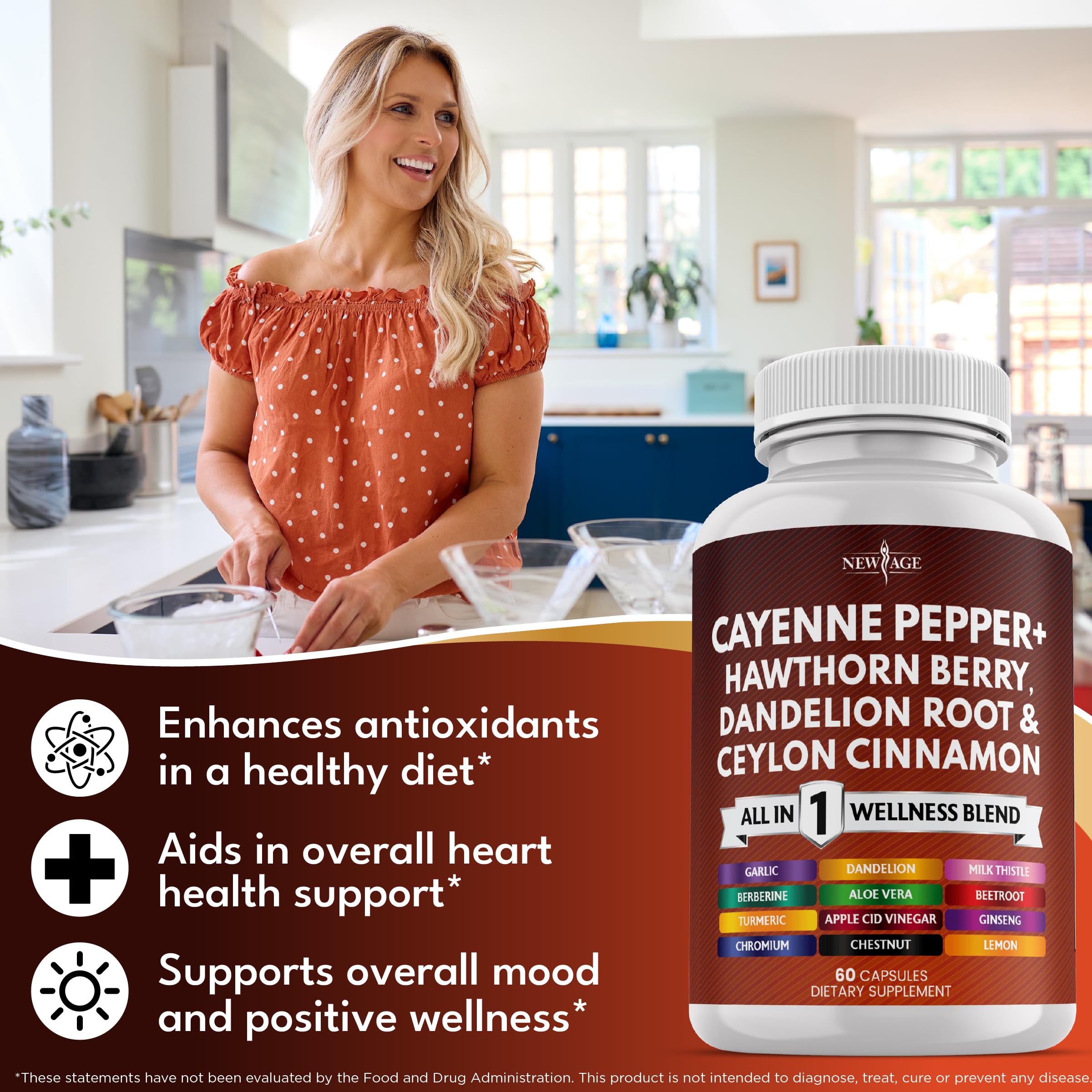 NEW AGE Cayenne Pepper Capsules packaging on white surface with herbal context