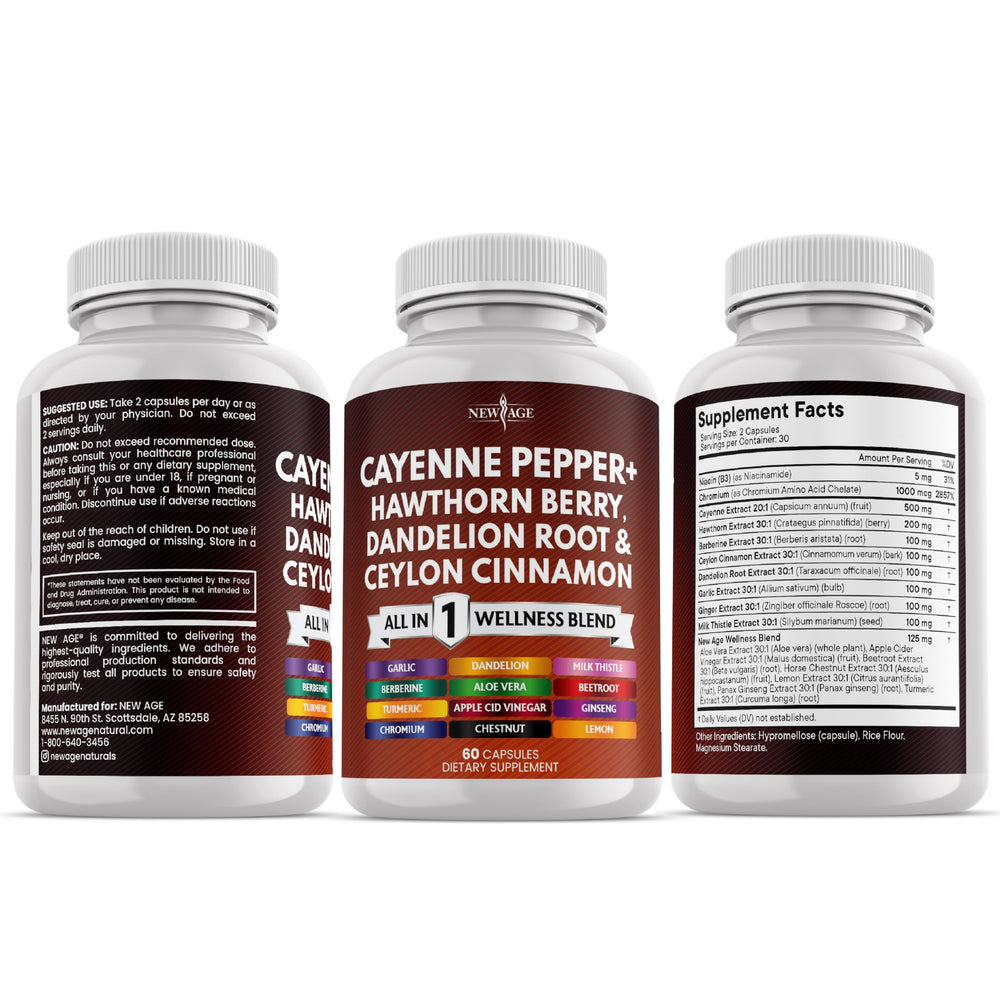 NEW AGE Cayenne Pepper Capsules bottle with beetroot and aloe vera accents