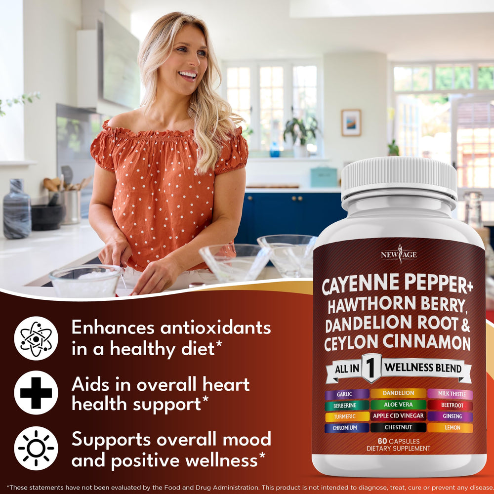 NEW AGE Cayenne Pepper Capsules ingredient list highlighting garlic and ginger.