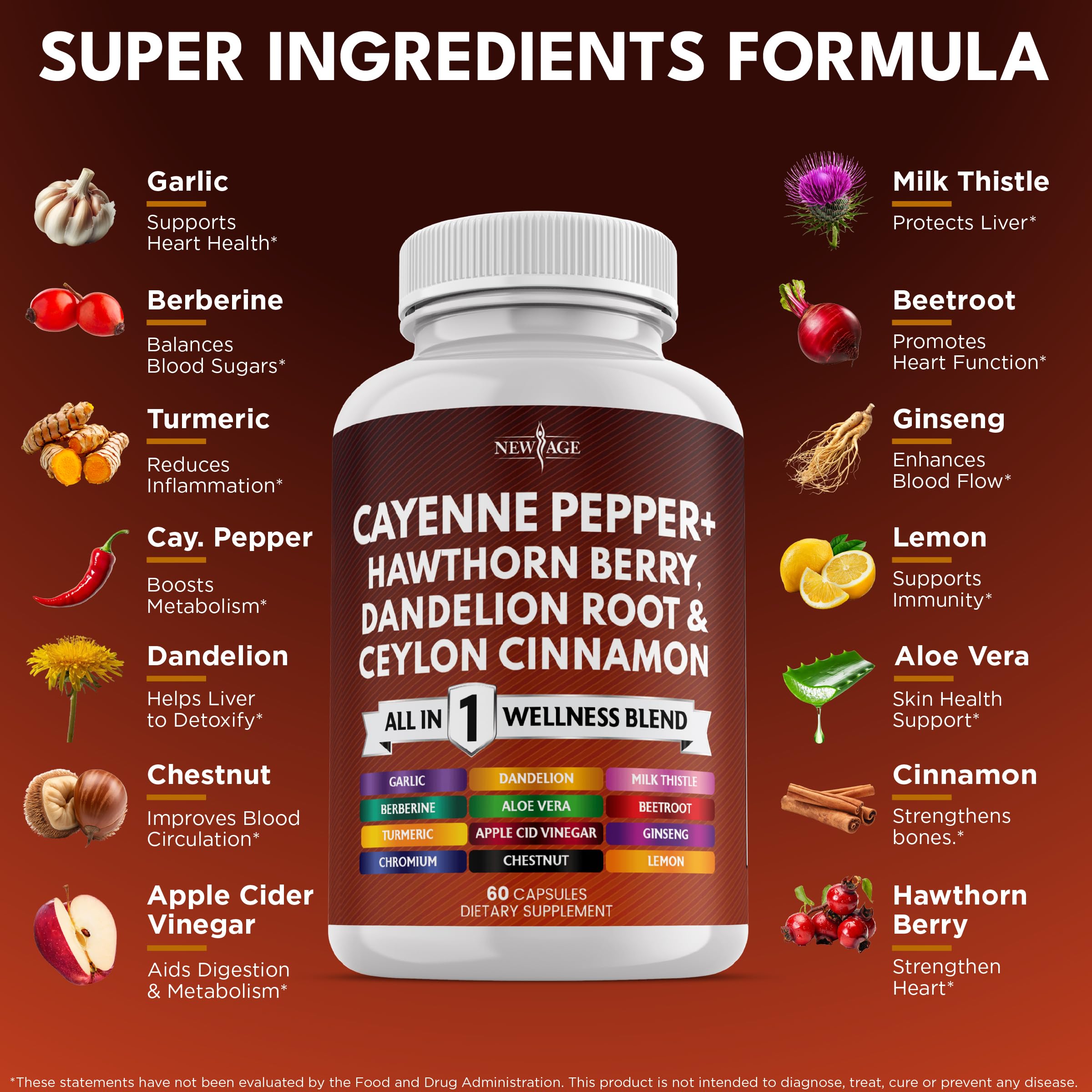 NEW AGE Cayenne Pepper Capsules label close-up highlighting cinnamon and garlic