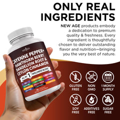 NEW AGE Cayenne Pepper Capsules alongside garlic and ginger imagery
