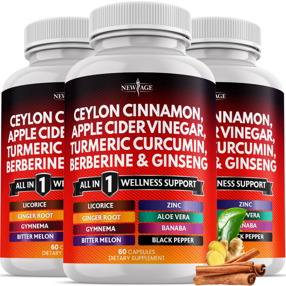 NEW AGE ceylon-cinnamon-turmeric-acv-bottle promotes daily wellness in a complete 14-in-1 blend.