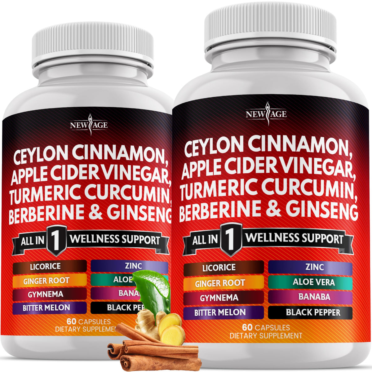 NEW AGE Ceylon Cinnamon Turmeric Apple Cider Vinegar capsules in bottle for daily wellness.
