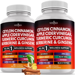 NEW AGE Ceylon Cinnamon Turmeric Apple Cider Vinegar capsules in bottle for daily wellness.