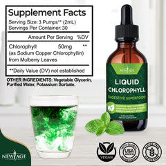 NEW AGE Chlorophyll Liquid Drops bottle close-up suggests natural energy support.