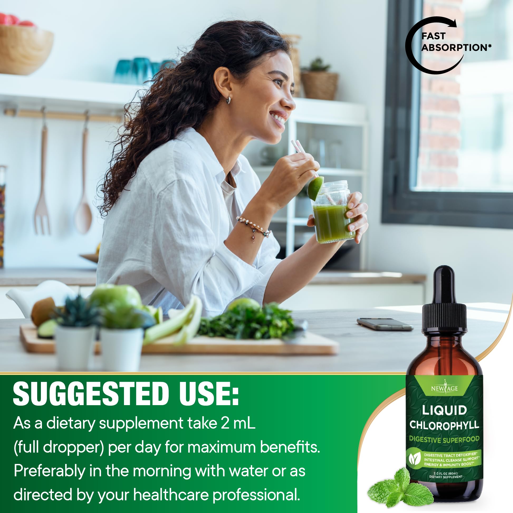 NEW AGE Chlorophyll Liquid Drops prepared in a cup for quick hydration.
