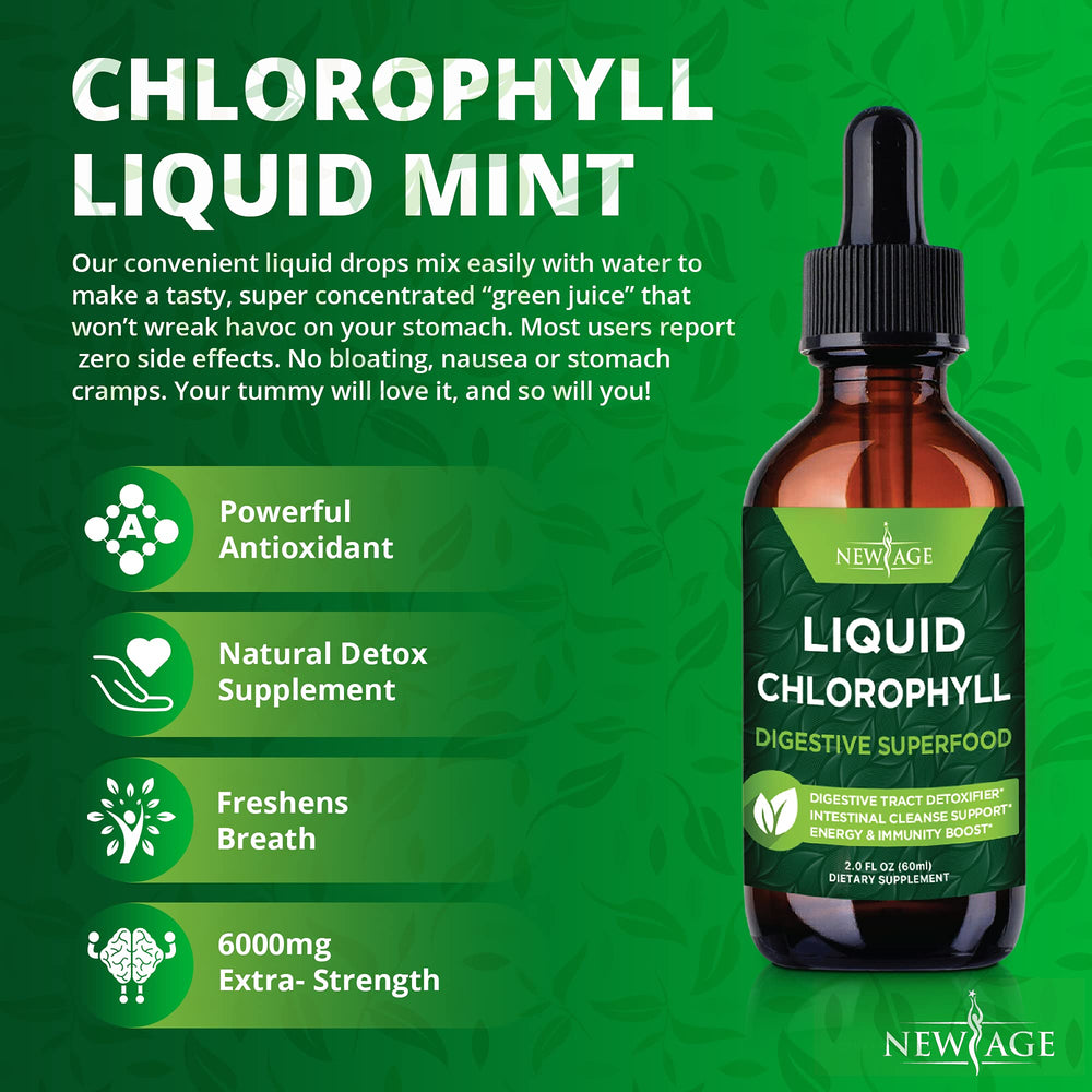 NEW AGE Chlorophyll Liquid Drops beside a daily routine setup for wellness.