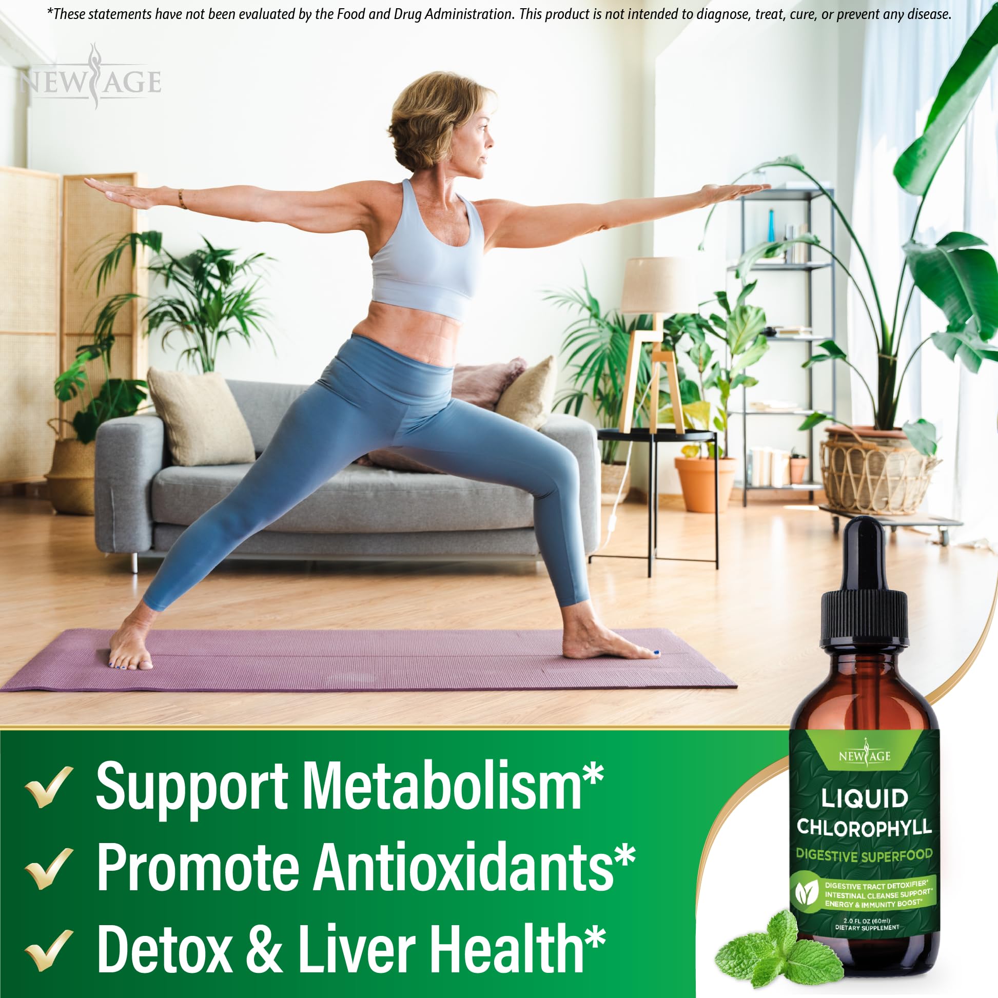 NEW AGE Chlorophyll Liquid Drops dropper dispensing concentrated formula for easy use.