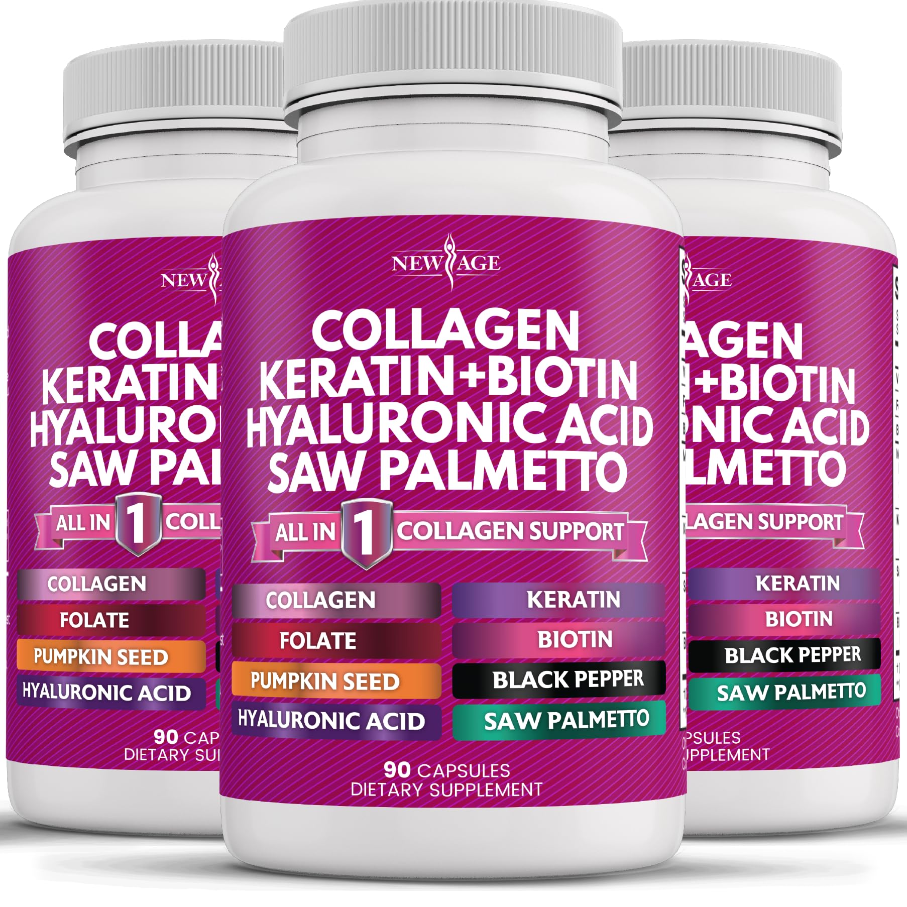 NEW AGE Collagen Pills bottle front showing capsule-rich formula for daily use