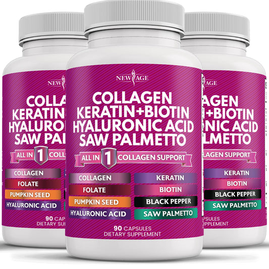 NEW AGE Collagen Pills bottle front showing capsule-rich formula for daily use