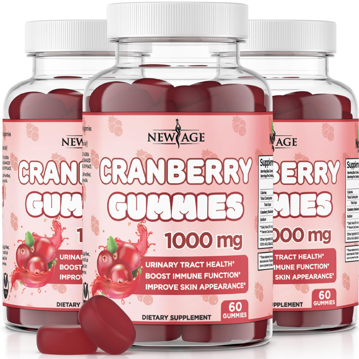 NEW AGE Cranberry Gummies bottle front view highlighting cranberry extract and shape for urinary health support