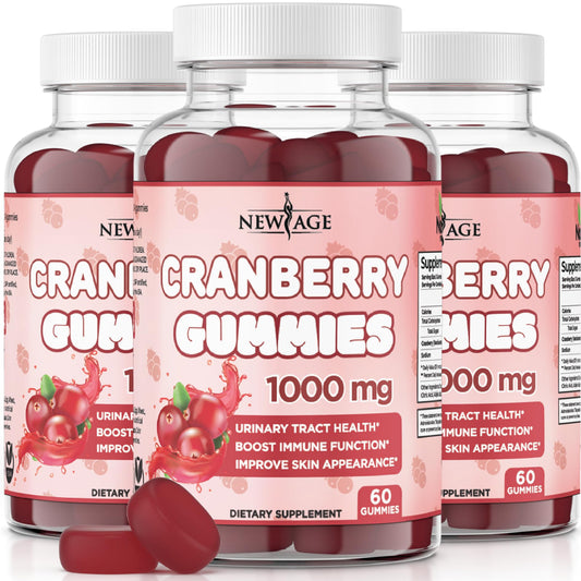NEW AGE Cranberry Gummies bottle front view highlighting cranberry extract and shape for urinary health support