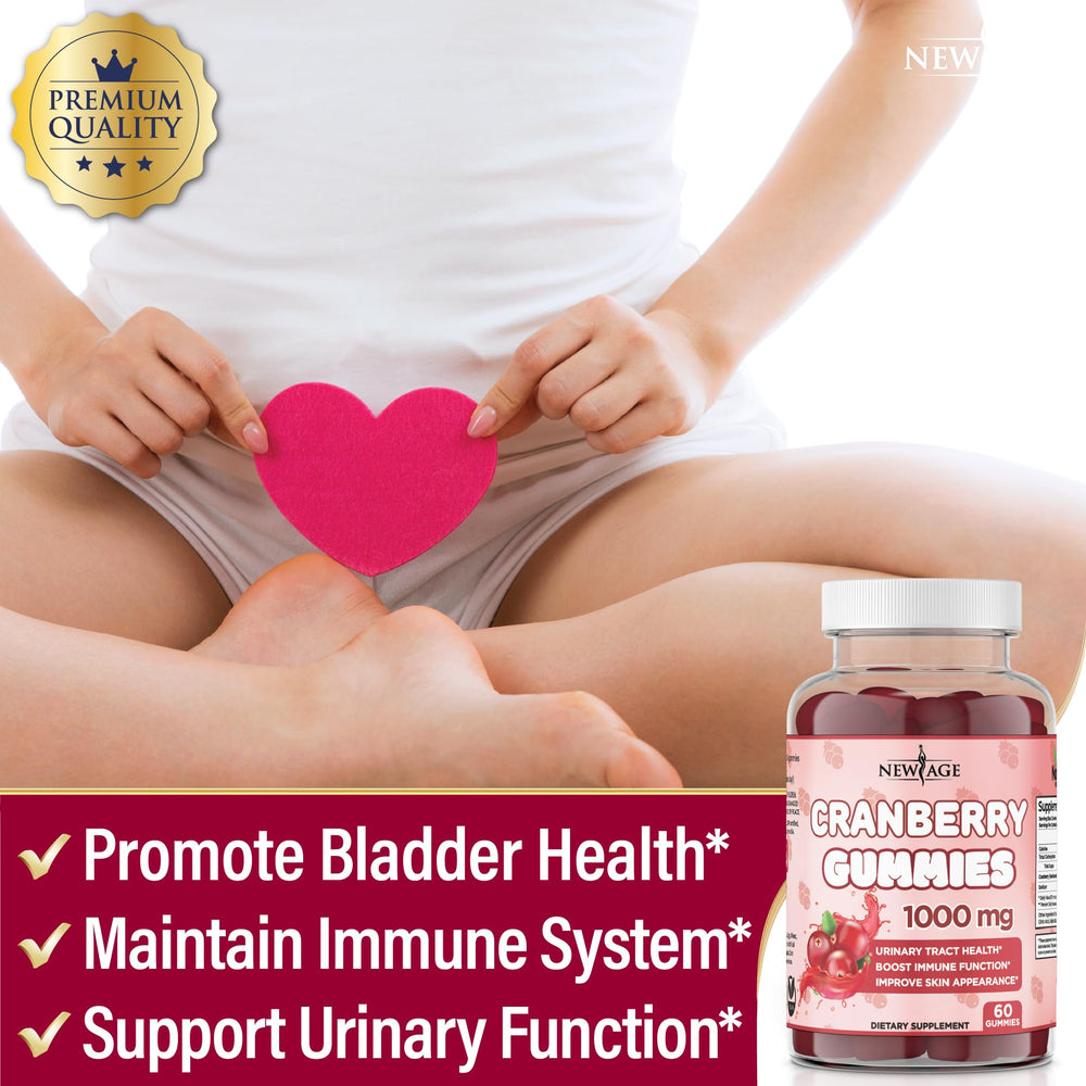 NEW AGE Cranberry Gummies jar side view, vegetarian and allergen-free formulation