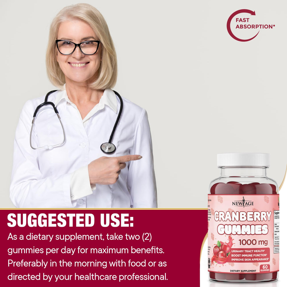 New Age Cranberry Gummies made in the USA label for quality