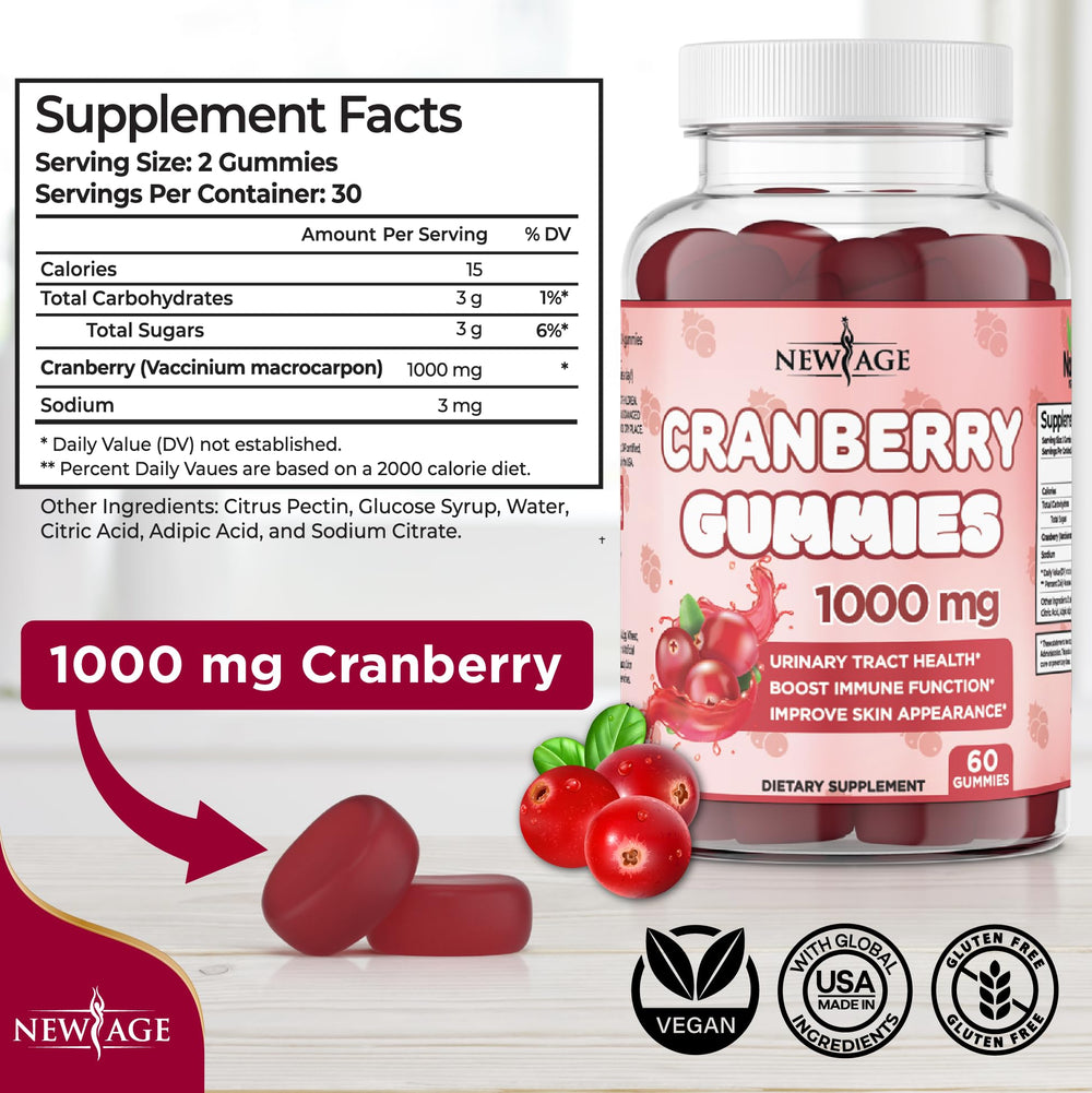 New Age Cranberry Gummies bottle side for daily use and bladder comfort