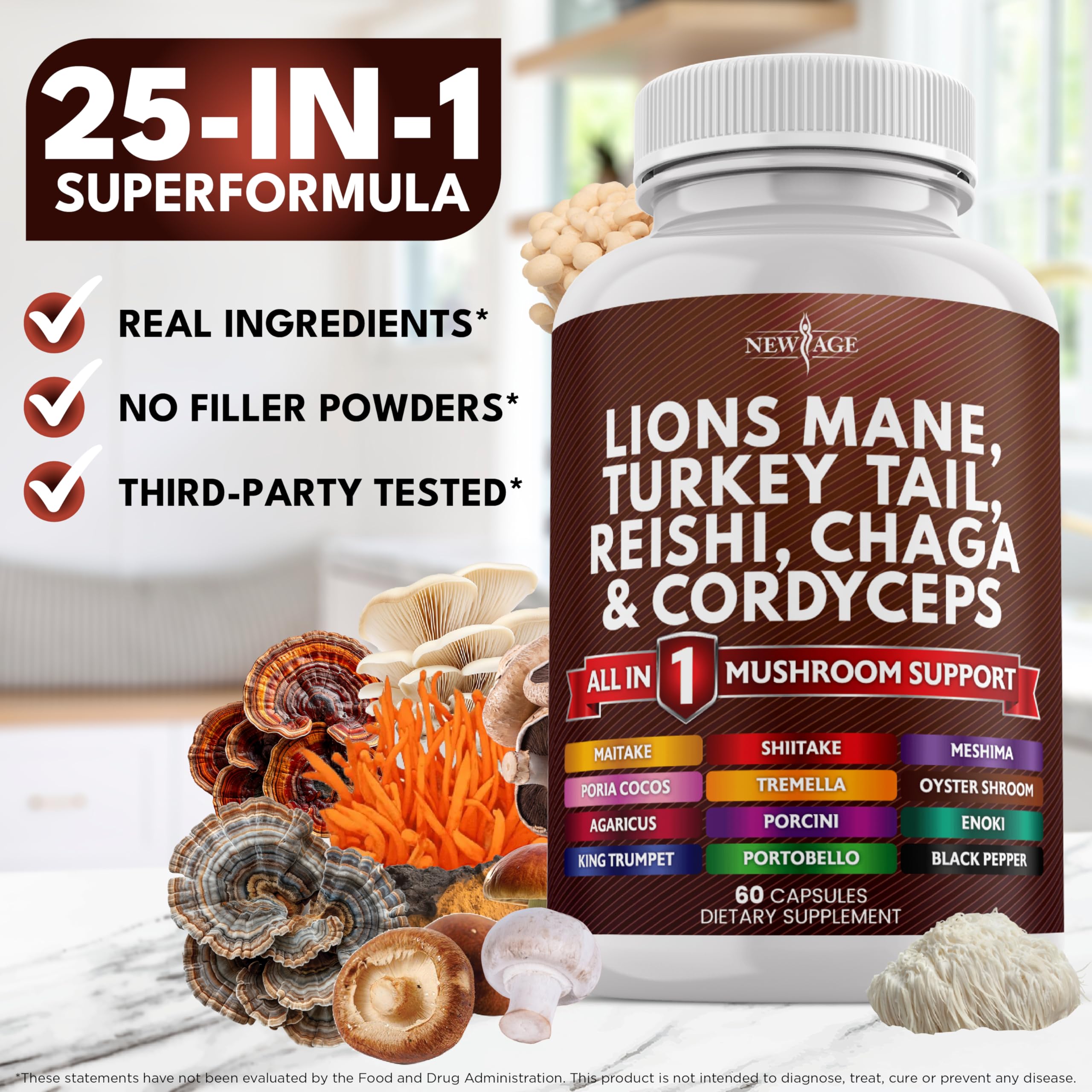 NEW AGE Daily mushroom capsules label for easy dosing on the go