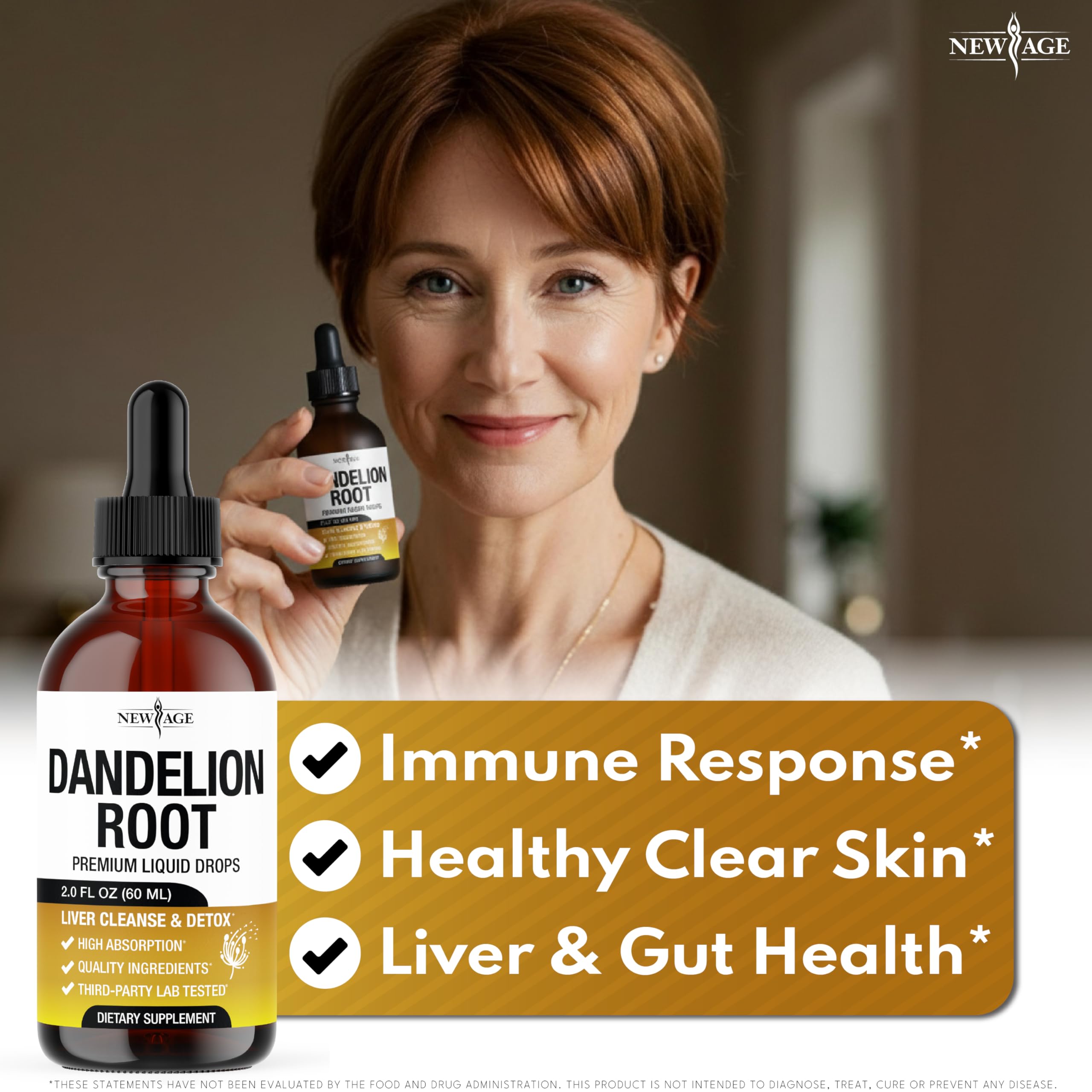 Close-up of NEW AGE Dandelion Root Extract Drops label highlighting vegan formula