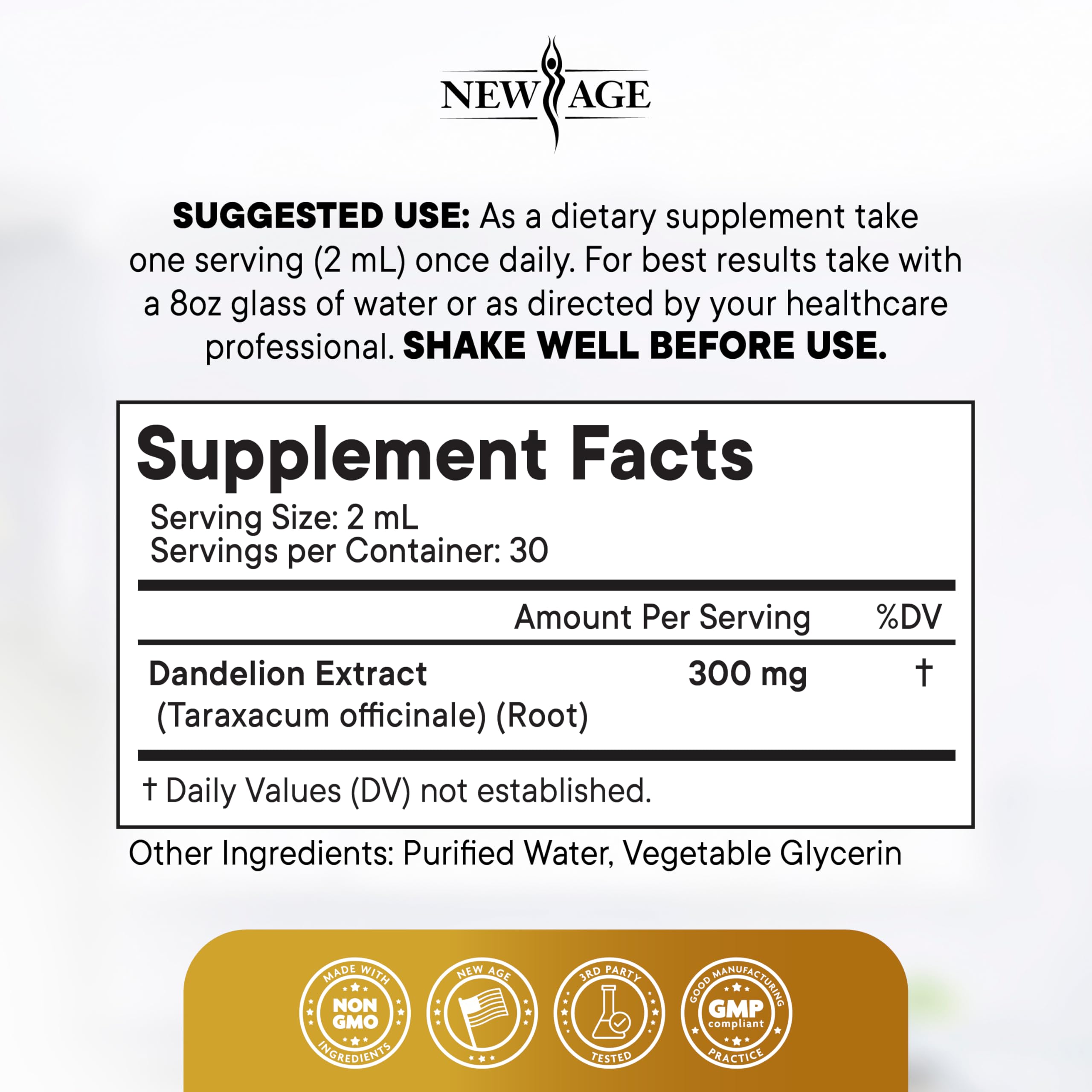 Liquid form of NEW AGE Dandelion Root Extract Drops tastes naturally sweet