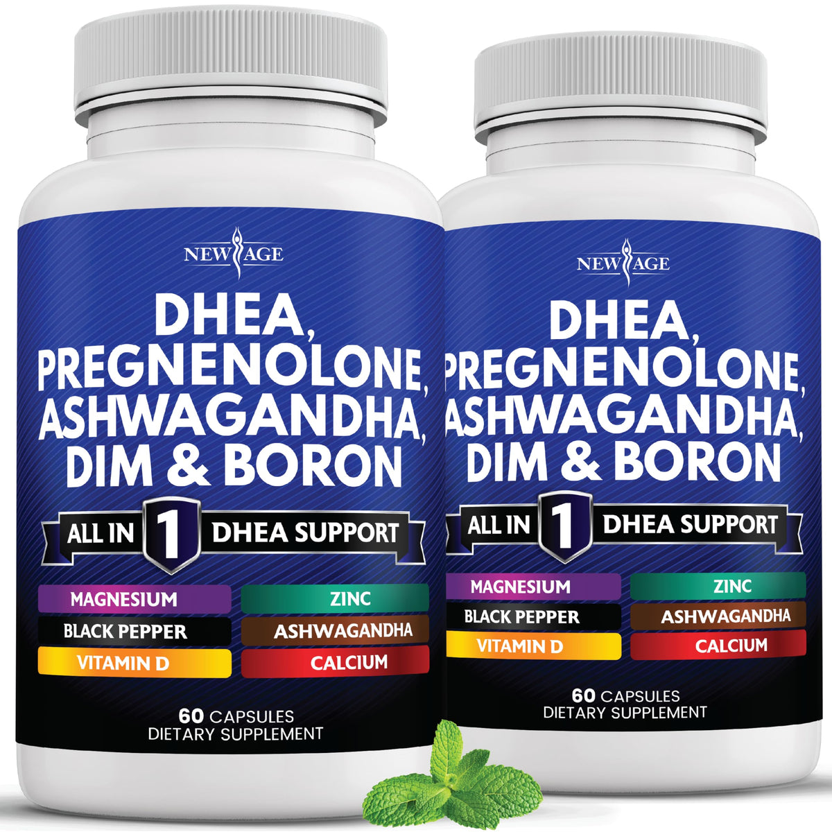 NEW AGE DHEA bottle front with vegan-friendly capsules for everyday wellness