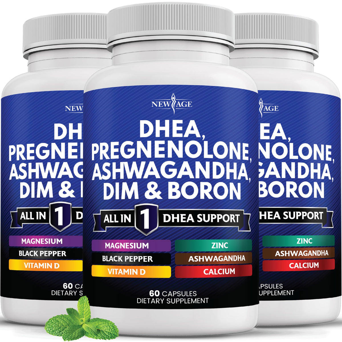 New Age DHEA supplement bottle front view, vegan formula and trust in quality.