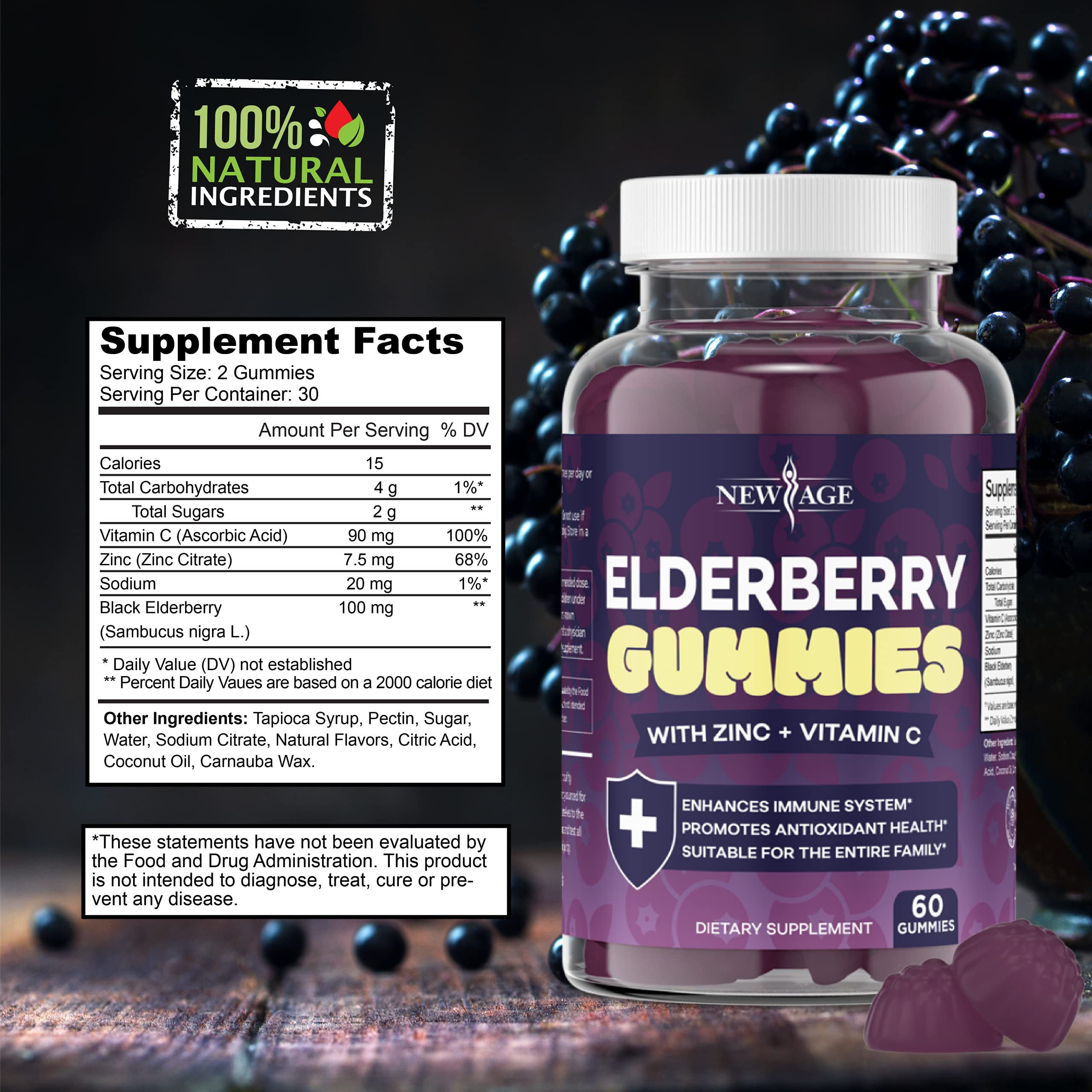 New Age Elderberry Gummies 2-pack packaging highlights gluten-free and vegetarian formula
